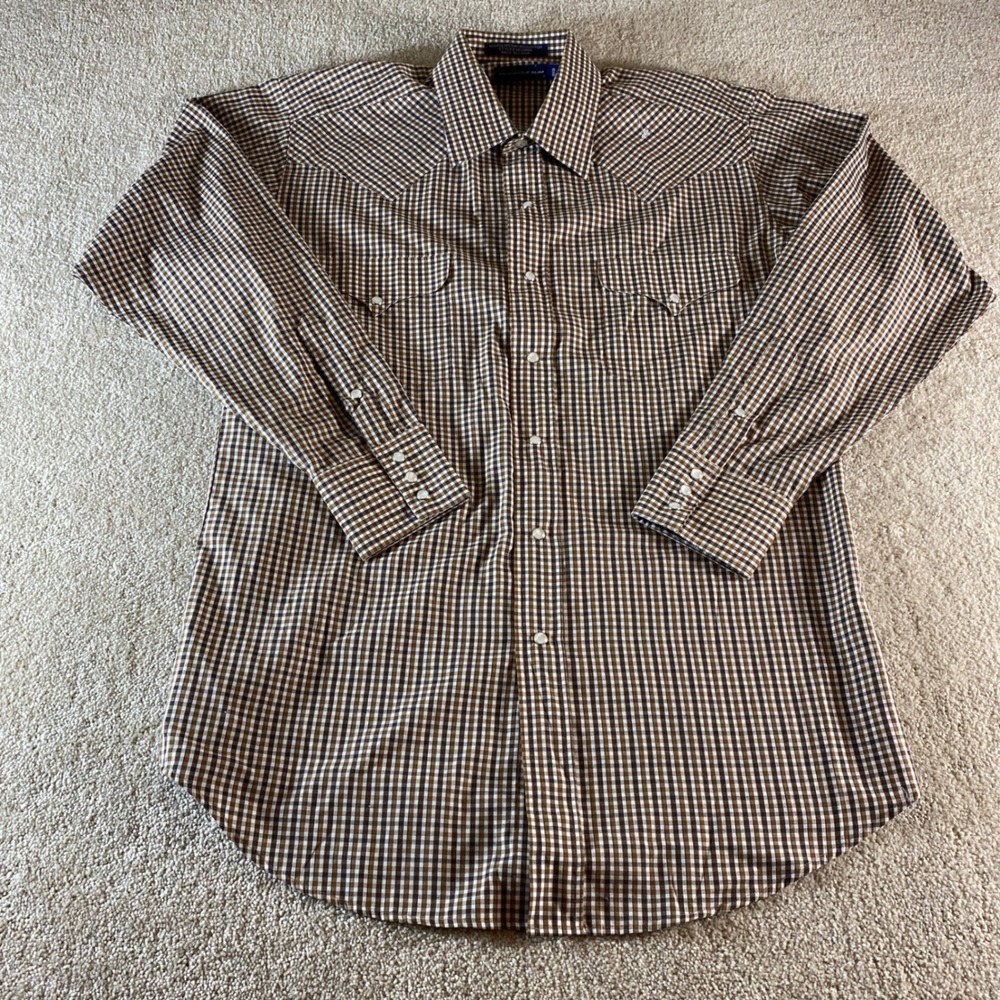 Panhandle Slim Western Shirt Mens 16x35 Brown Gingham Pearl Snap Cowboy